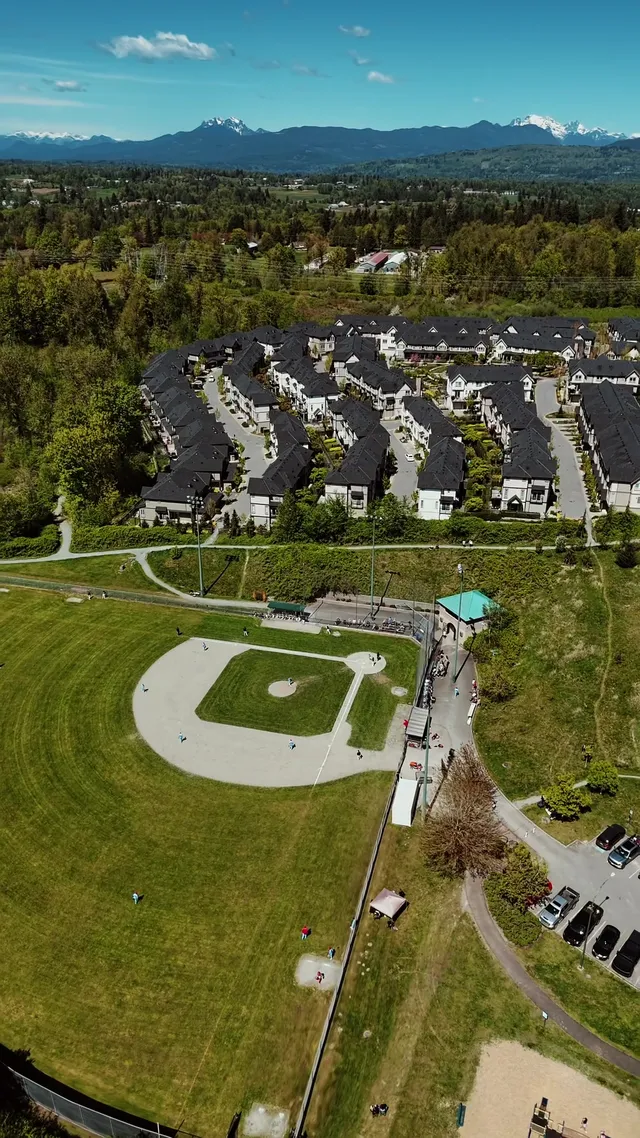 An aerial view of Townline Park with the mountains beyond the outfield.