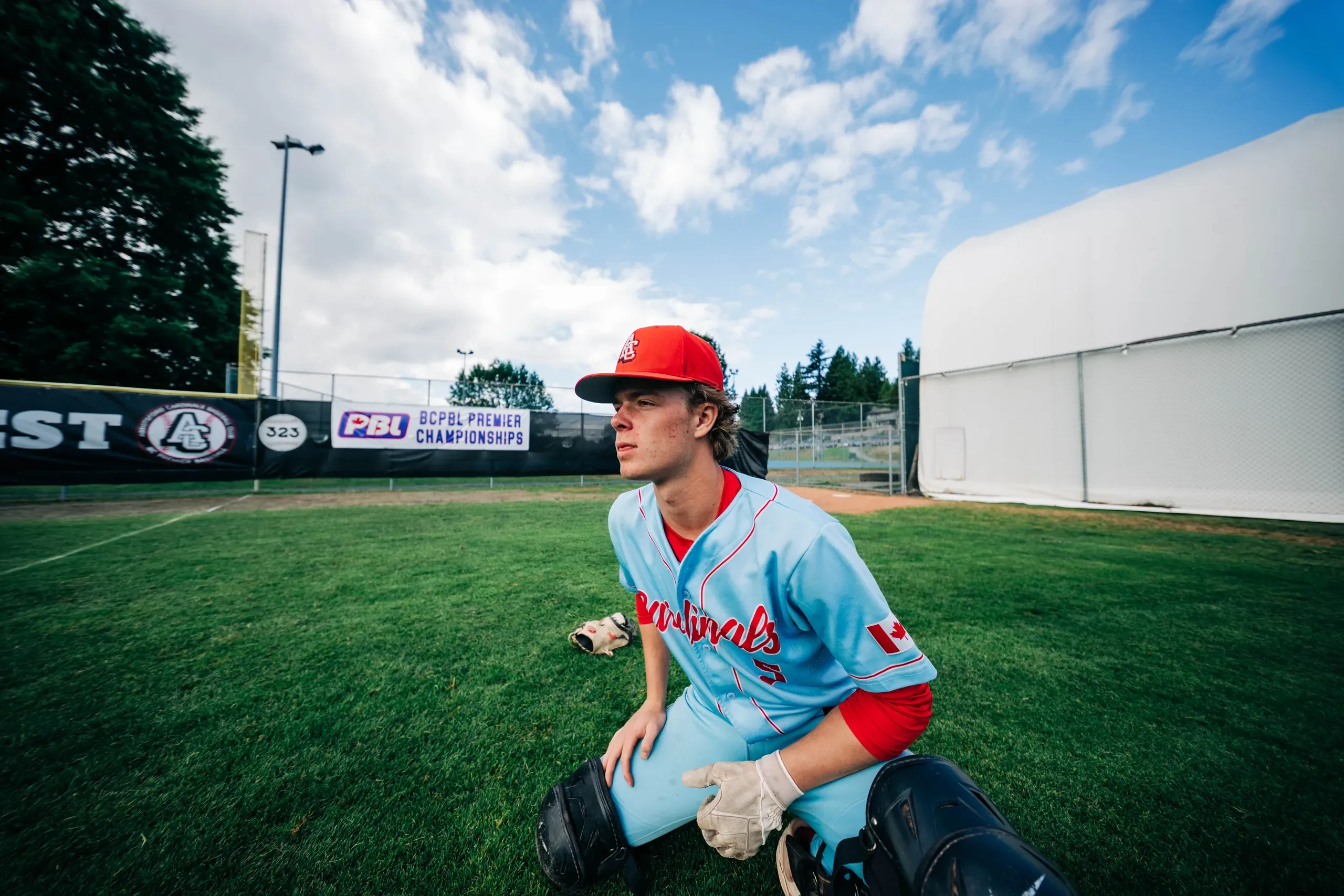 A Cardinals catcher in a light-blue jersey and red cap, crouched on the outfield grass before a game.