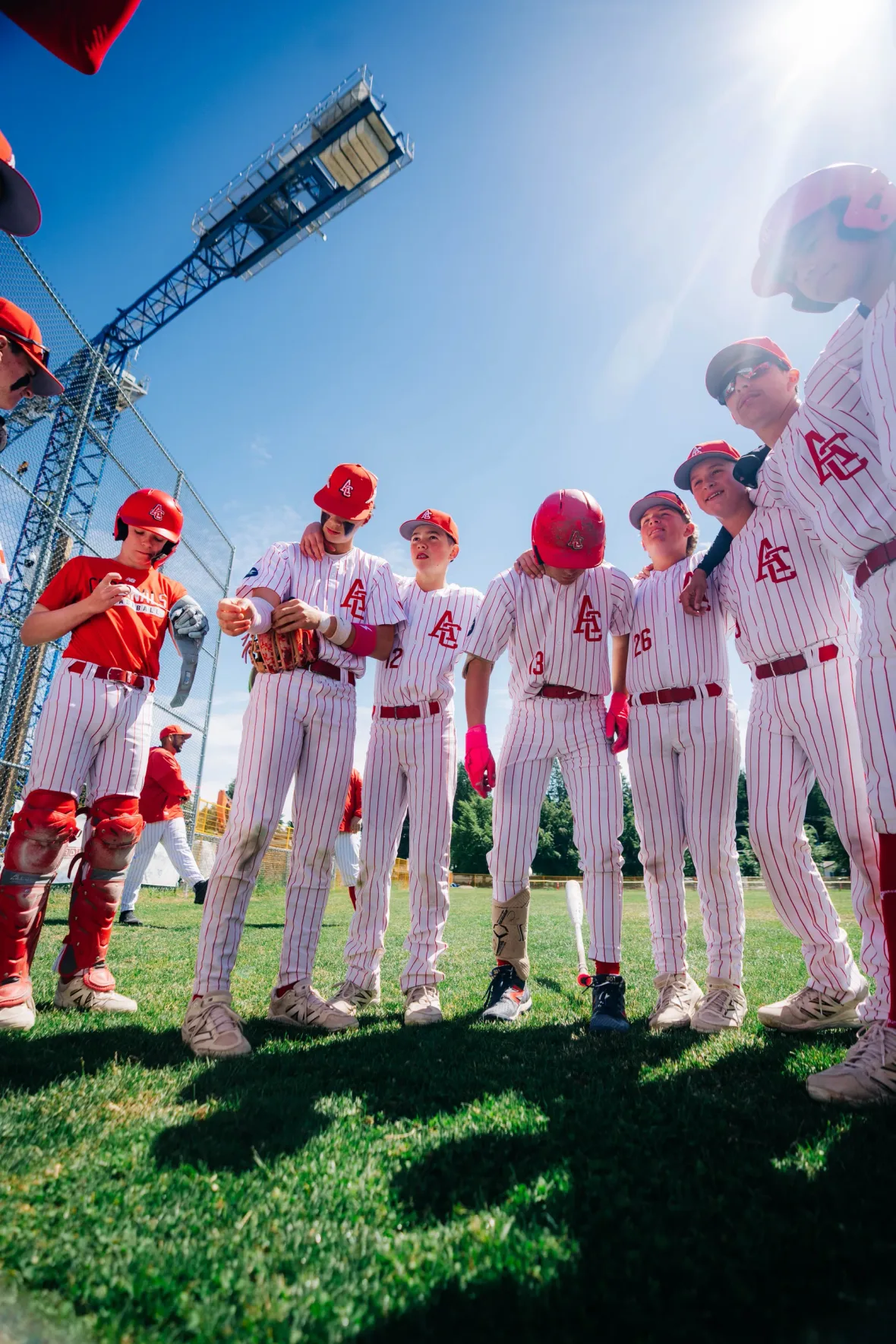 Cardinals players stand arm in arm in a huddle on the field, shot from low with the sun behind them.