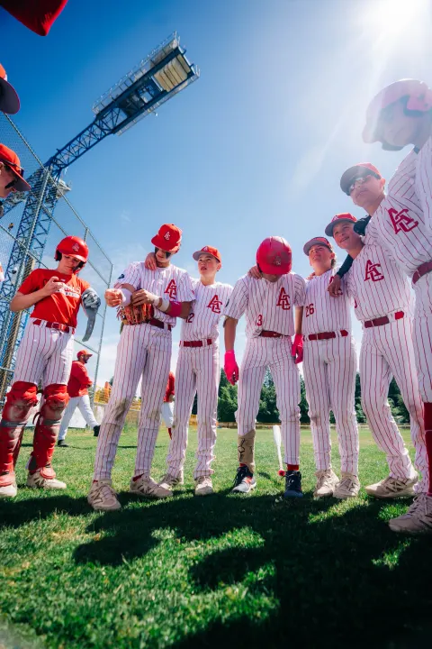 Cardinals players stand arm in arm in a huddle on the field, shot from low with the sun behind them.