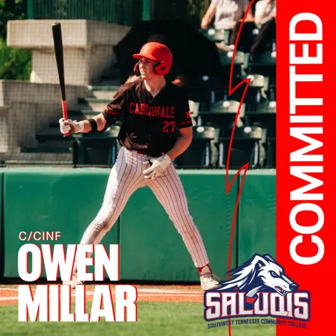 Owen Millar, a catcher and corner infielder in a dark Cardinals jersey and red batting helmet, stands in the batter's box holding his bat. Graphic text reads C/CINF Owen Millar, Committed, and the Southwest Tennessee Community College Saluqis logo.