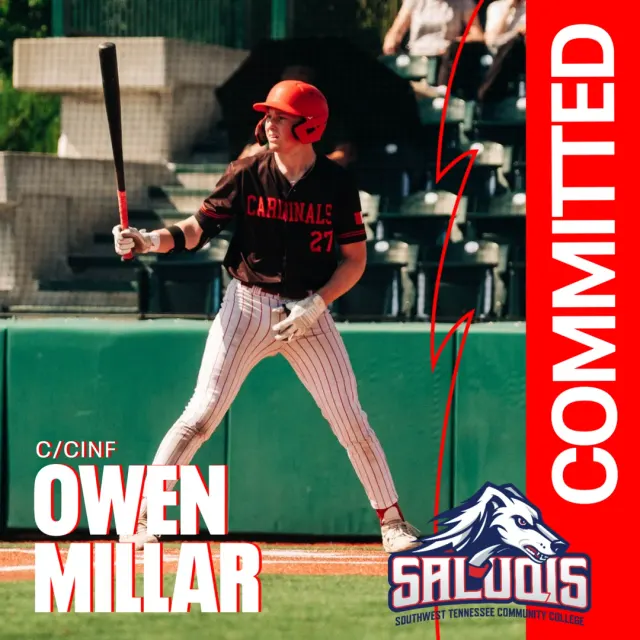 Owen Millar, a catcher and corner infielder in a dark Cardinals jersey and red batting helmet, stands in the batter's box holding his bat. Graphic text reads C/CINF Owen Millar, Committed, and the Southwest Tennessee Community College Saluqis logo.