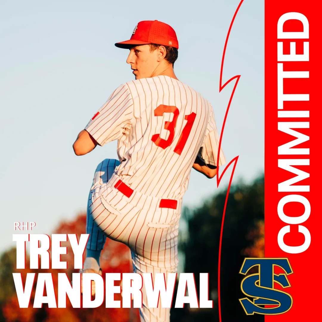 Trey Vanderwal, a right-handed pitcher in a white pinstripe Cardinals uniform and red cap, number 31, seen from behind at the top of his windup. Graphic text reads RHP Trey Vanderwal, Committed, and the Trinidad State College logo.