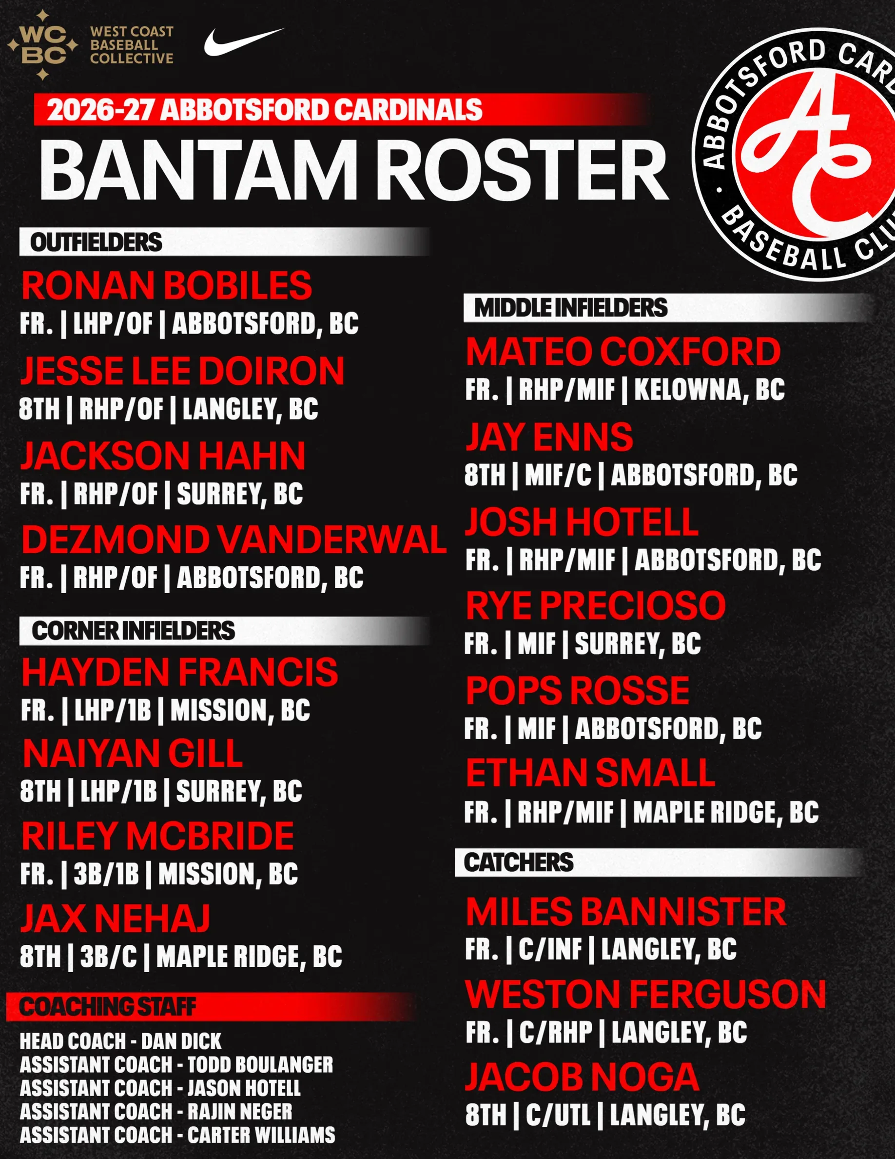 2026-27 Bantam roster graphic as the club posted it; every name is in the list below
